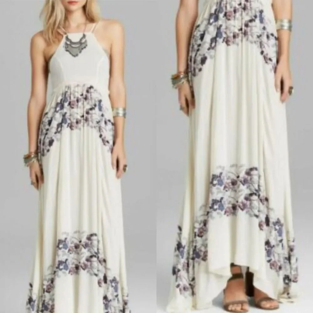 Free People Babydoll Maxi Dress SIZE S Cream Combo Floral Slip Maxi Dress Sheer - Picture 2 of 16